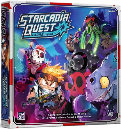 Starcadia Quest ARRRmada board game box art, features a blonde boy with a gun, a skull-faced pirate, a tentacled alien, a robot, and a shark creature in a sci-fi setting