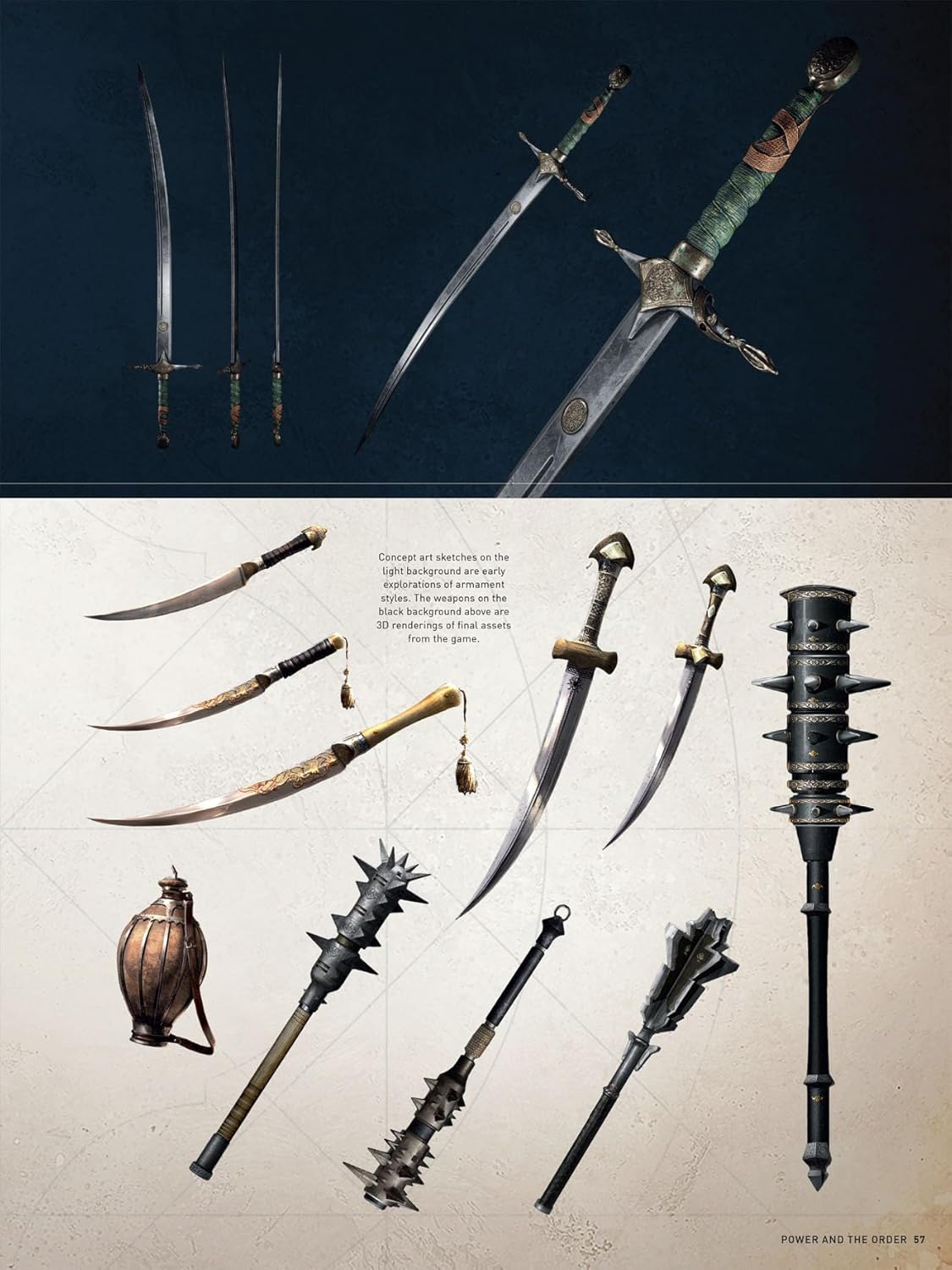 Concept art and 3D renders of fantasy weapons including swords -  daggers -  maces -  and a flask