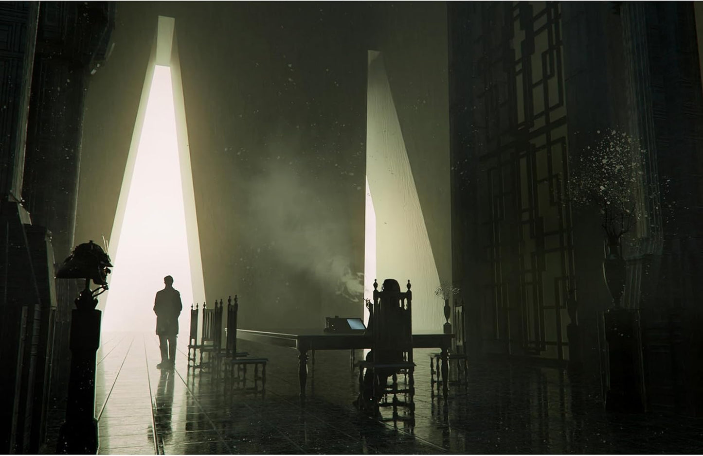 Two figures in a vast, dimly lit hall. One stands backlit, the other sits at a long table with a laptop