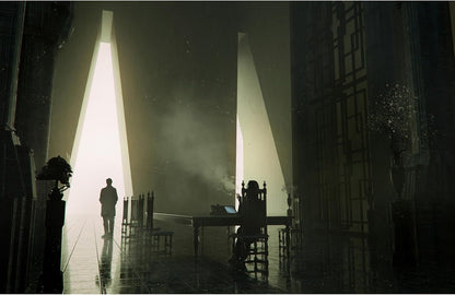 Two figures in a vast, dimly lit hall. One stands backlit, the other sits at a long table with a laptop