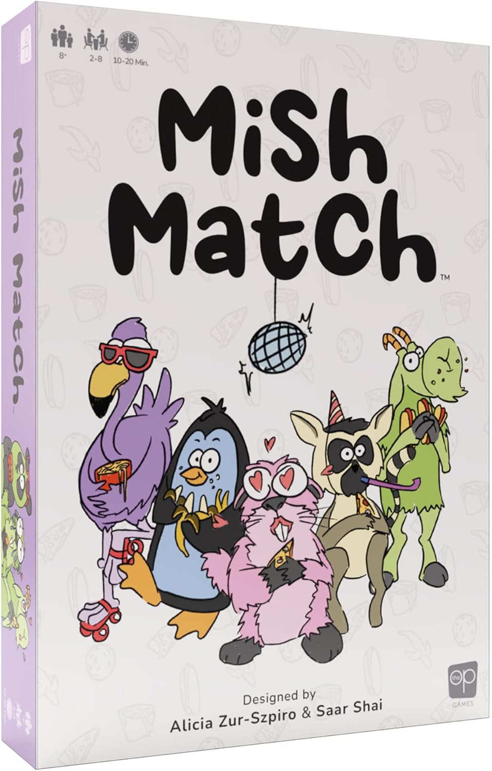 Mish Match board game box featuring cartoon animals like a flamingo, penguin and goat set on a light purple background with food illustrations