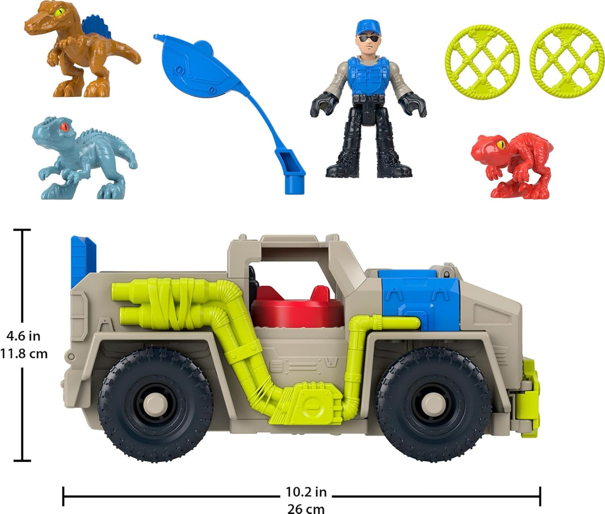 A dinosaur toy set featuring a gray and blue capture vehicle, an action figure, three dinosaur figures and accessories.