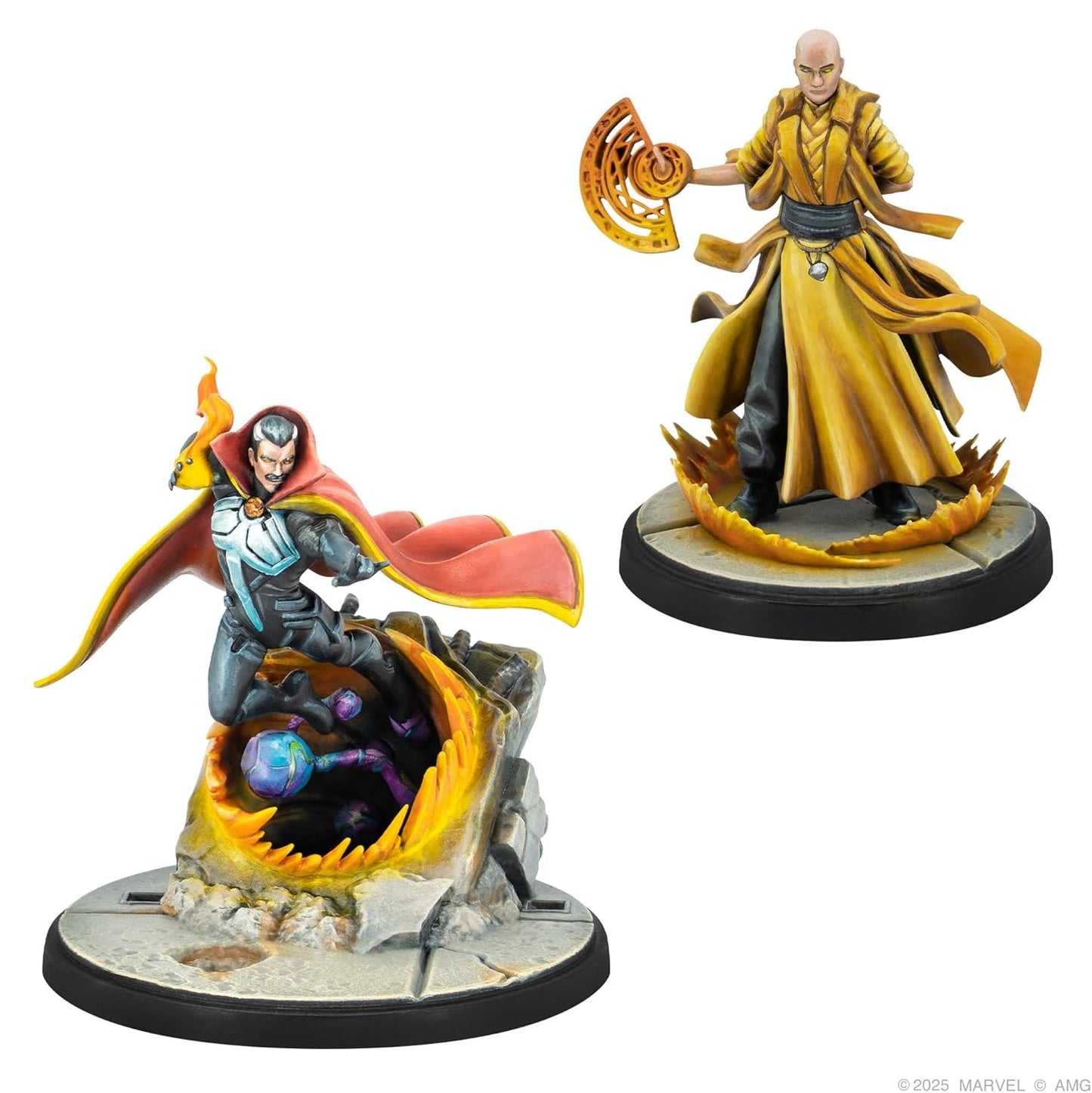 Painted miniatures: Doctor Strange diving into a fiery portal, beside the Ancient One casting a yellow magic spell
