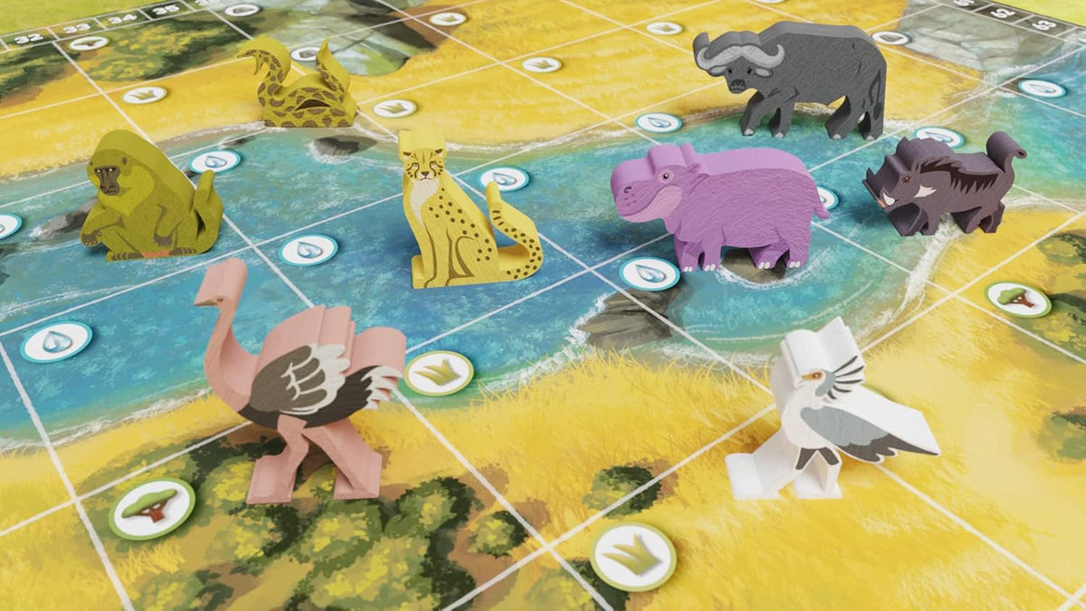 Serengeti game board with colorful wooden animal figures placed on terrain tiles