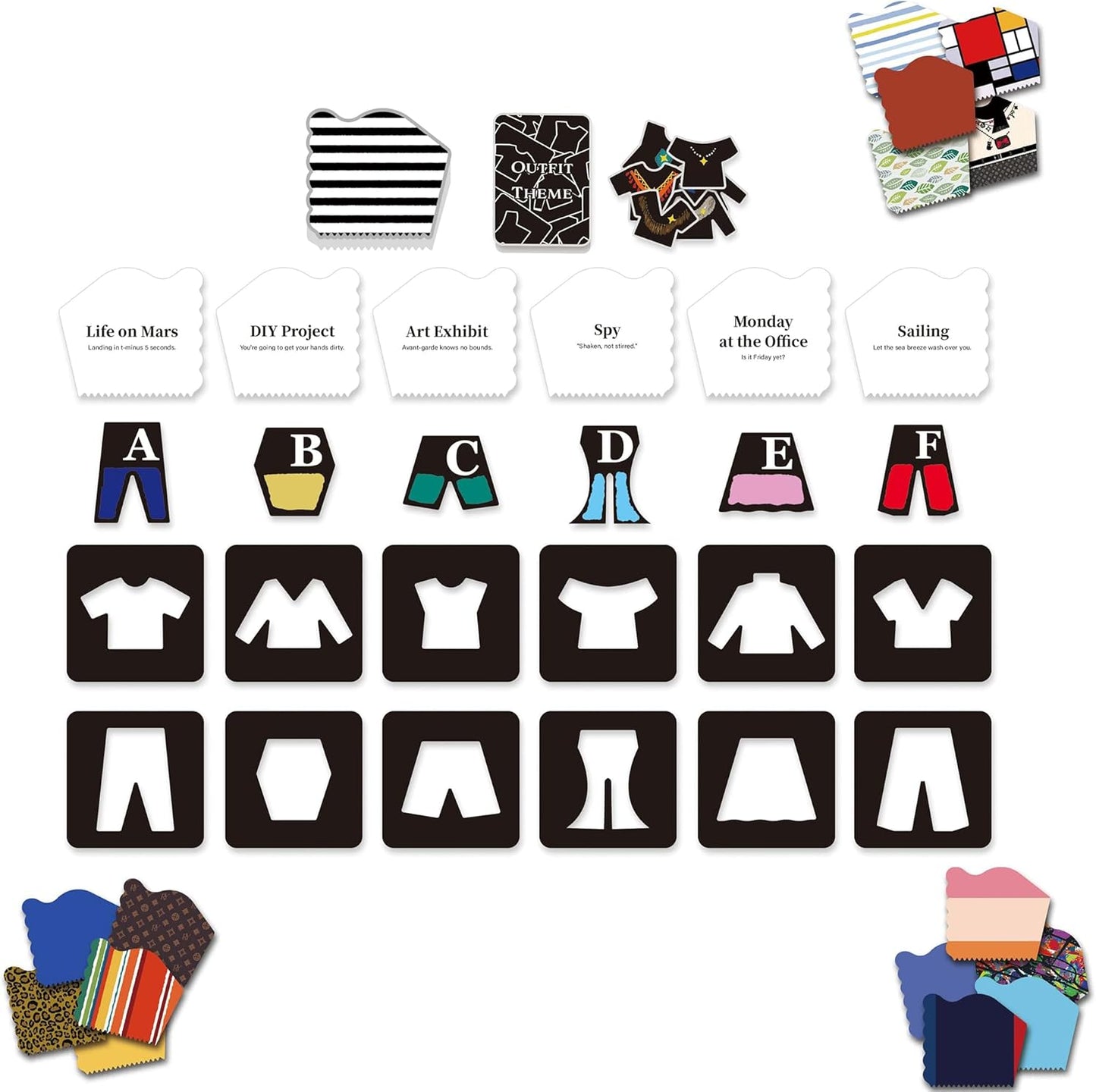 A craft kit with clothing stencils, colorful patterned papers, and event cards for designing outfits
