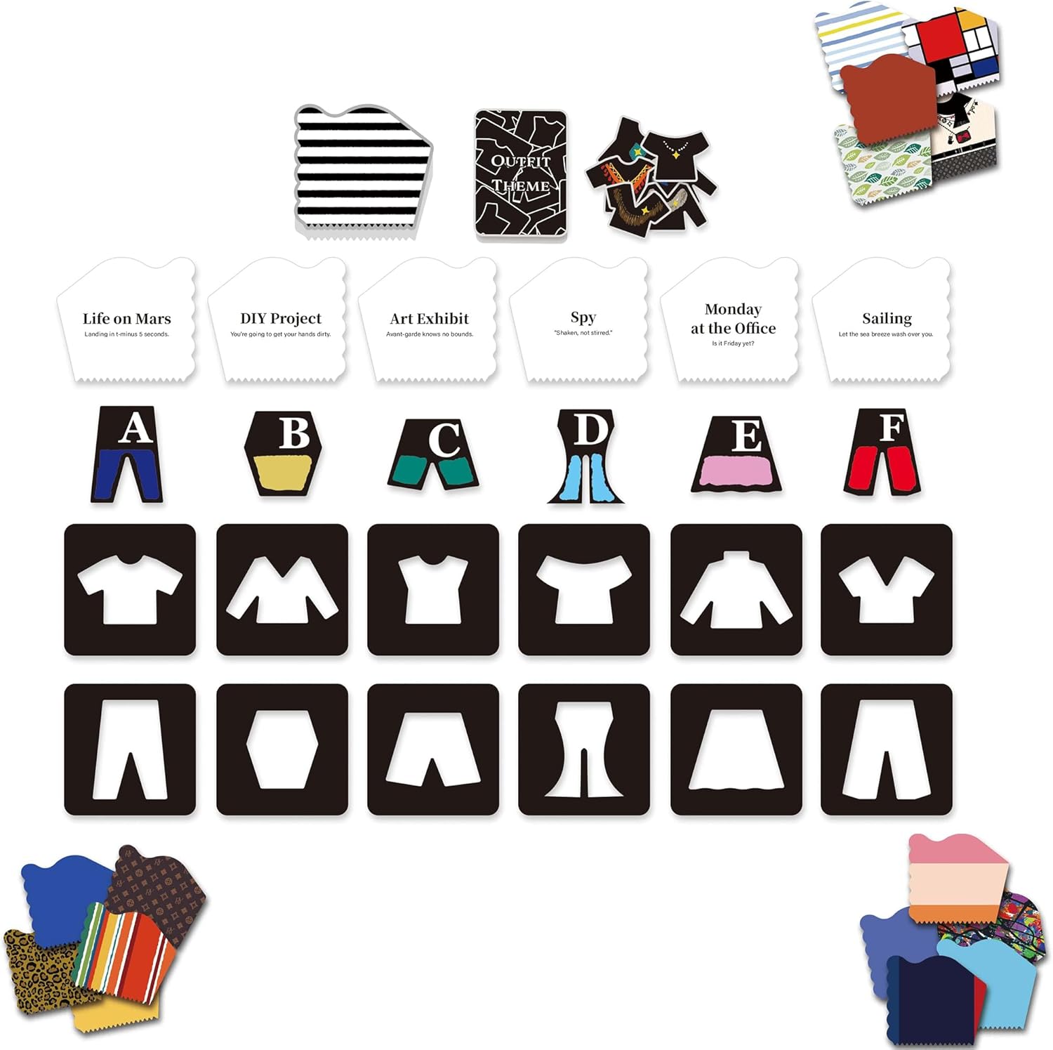 A craft kit with clothing stencils, colorful patterned papers, and event cards for designing outfits