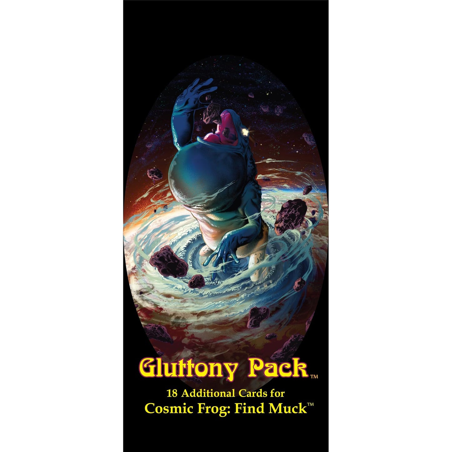 Cover art for "Gluttony Pack" featuring Cosmic Frog devouring asteroids in a swirling galaxy