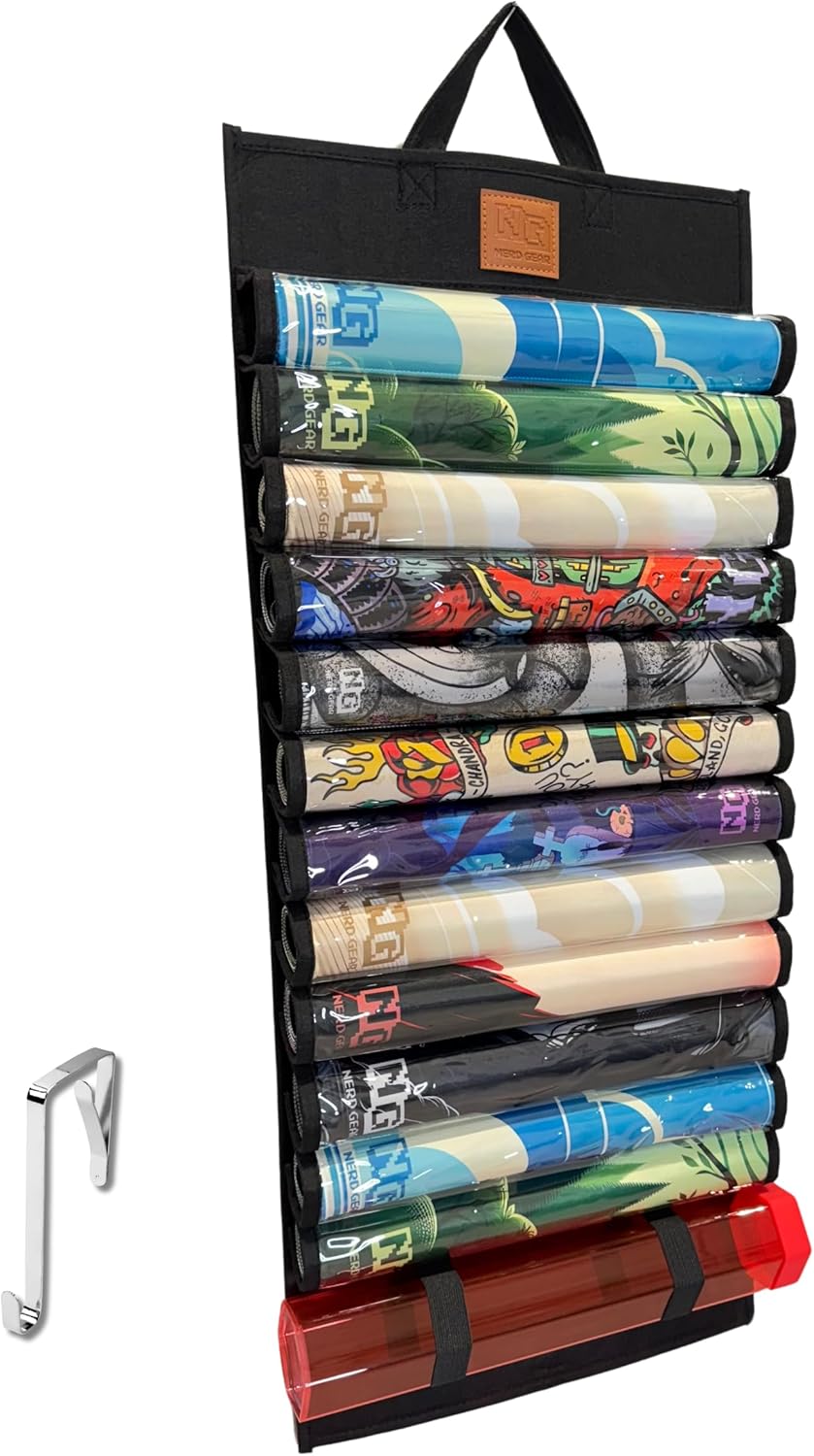 Hanging black organizer filled with colorful, rolled playmats in clear pockets. A red tube and metal hook are included
