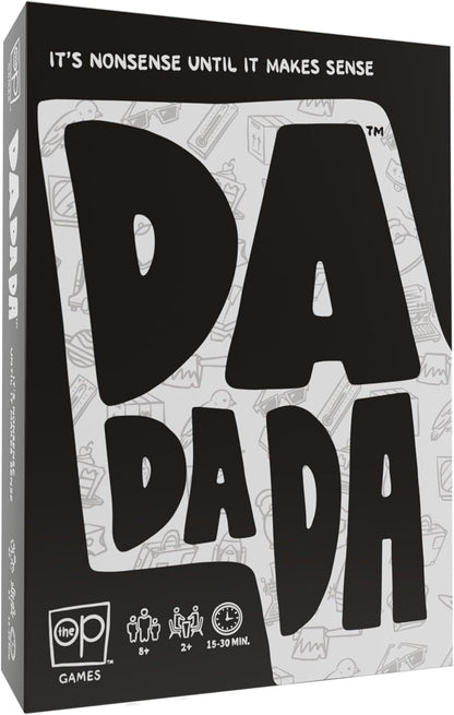 A black and white "DaDaDa" board game box, featuring the tagline "IT'S NONSENSE UNTIL IT MAKES SENSE"