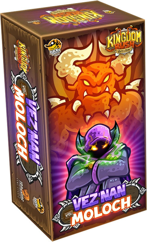 Kingdom Rush Rift in Time Vez'nan vs Moloch board game box with character art