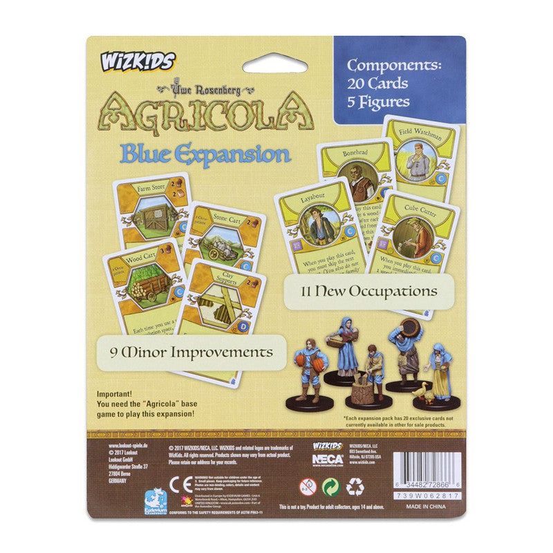 Back of Agricola Blue Expansion box, displaying game cards and five character figures