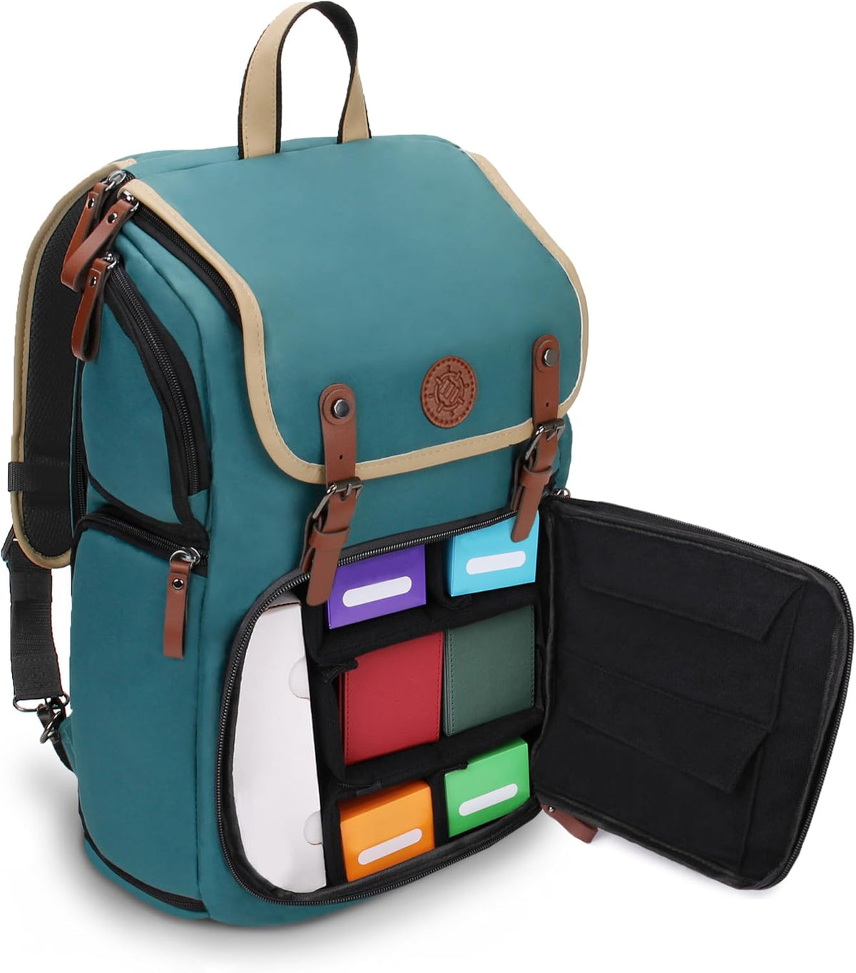 Teal &amp; tan backpack, side open showing colorful modular storage and a white device.