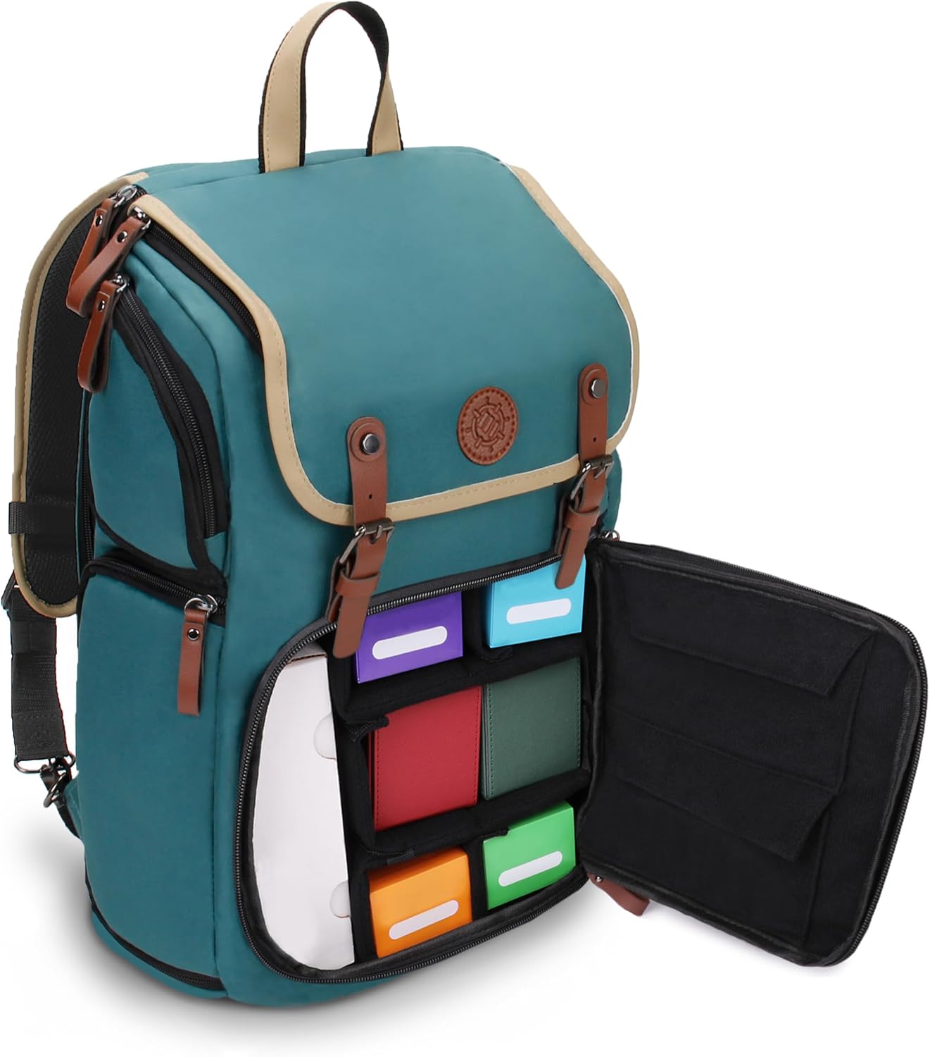 Teal & tan backpack, side open showing colorful modular storage and a white device.