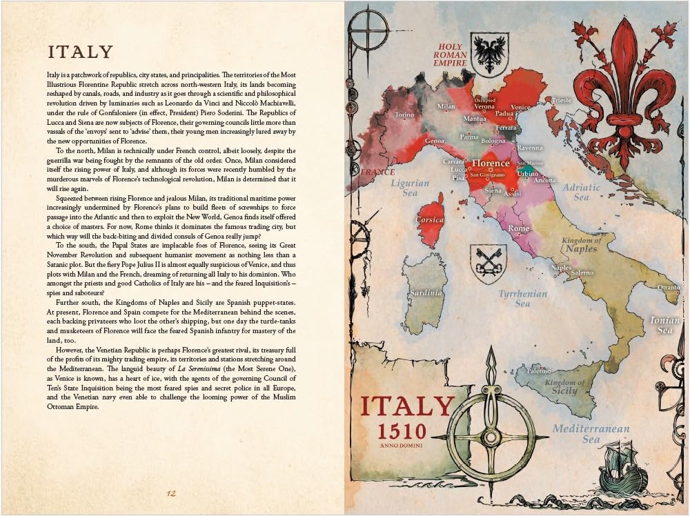 A historical map of Italy from 1510, showing its many city-states, kingdoms and seas in distinct colors