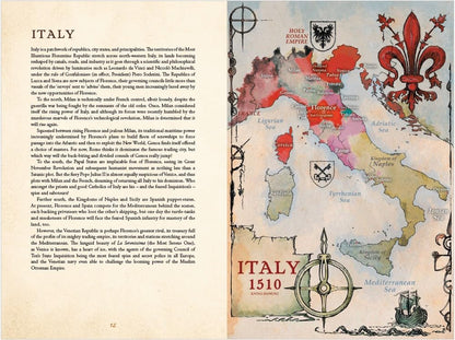 A historical map of Italy from 1510, showing its many city-states, kingdoms and seas in distinct colors