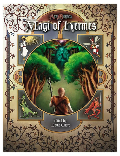 Ars Magica Fifth Edition RPG - Magi of Hermes sourcebook cover. Bald man with staff faces a glowing mystical forest, flanked by fantasy creatures