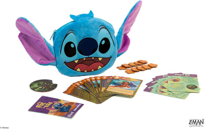 Stitch plush game pouch with Lilo & Stitch board game components, including cards and orange tokens