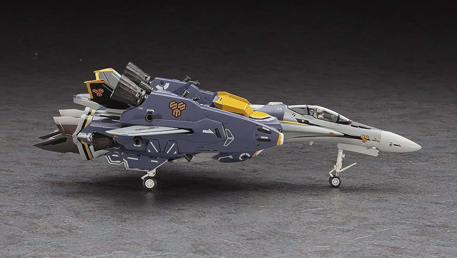 Detailed model of a fictional variable fighter jet, grey and purple livery, landing gear extended, studio shot