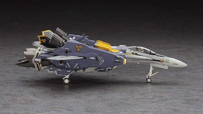 Detailed model of a fictional variable fighter jet, grey and purple livery, landing gear extended, studio shot