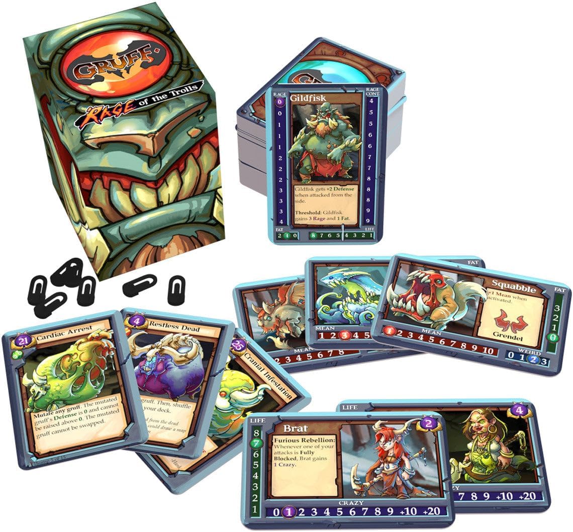 Close-up of cards and components from Gruff Rage of the Trolls