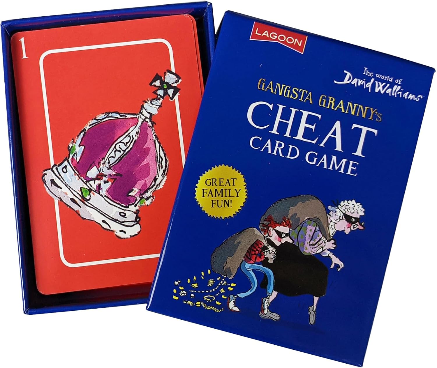 Open box for David Walliams' "Gangsta Granny's Cheat Card Game" Blue box shows Granny stealing; red card shows a crown