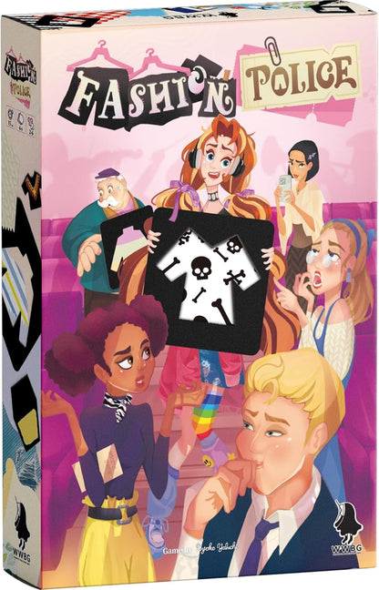 Fashion Police board game box: Cartoon woman holding a skull & crossbones t-shirt sign, surrounded by reacting people