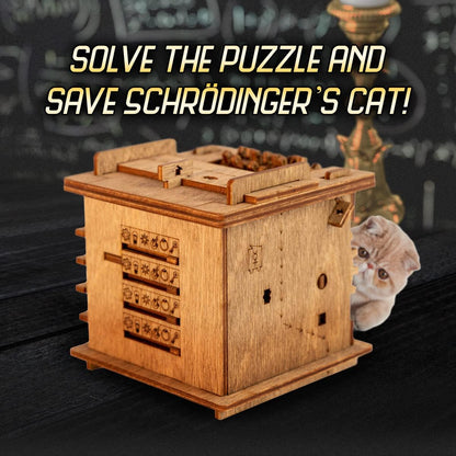 A wooden Schrödinger’s Cat puzzle box with sliding mechanics, featuring a kitten peaking from behind