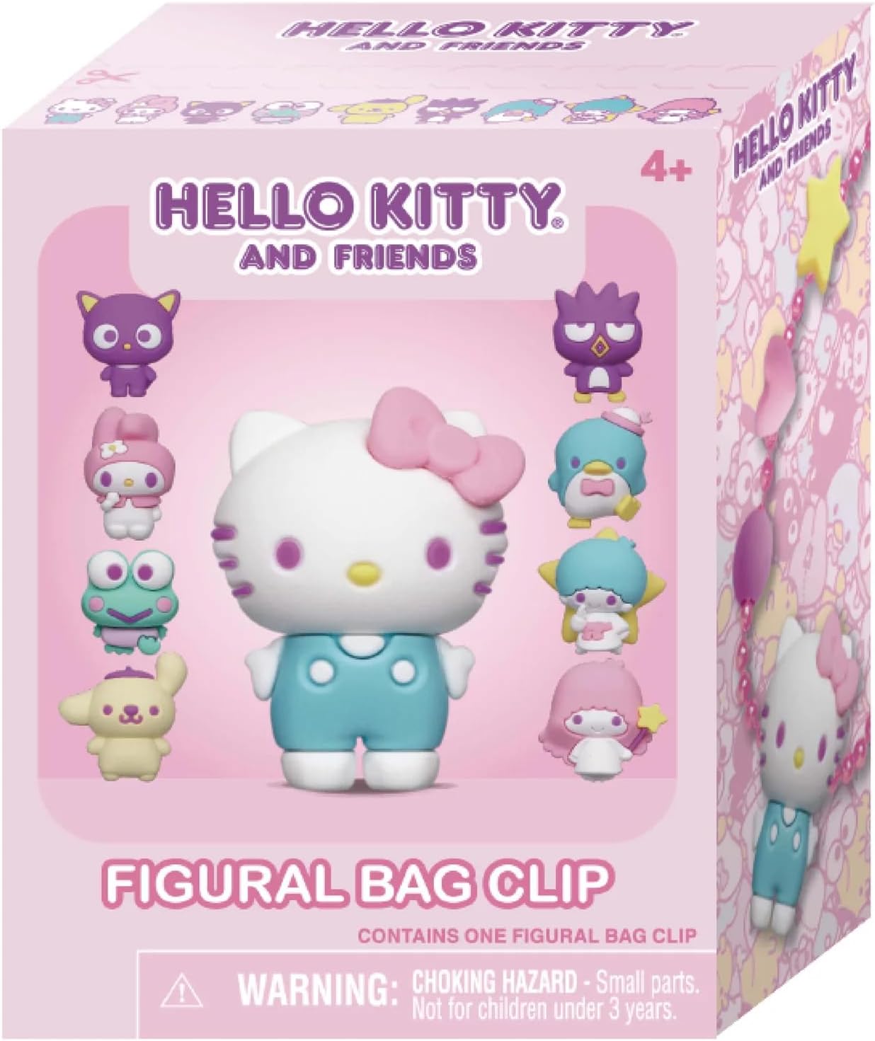 Hello Kitty and Friends figural bag clip packaging, featuring Hello Kitty and seven other Sanrio characters