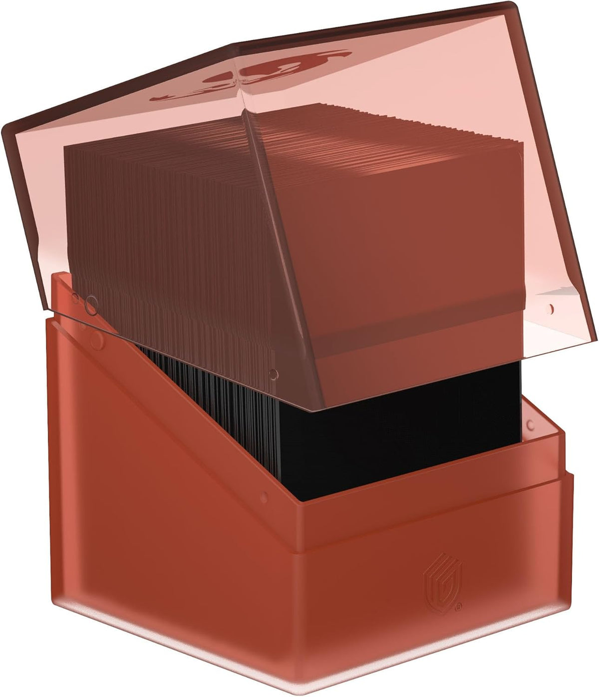 Open, reddish-brown translucent deck box holding a full stack of black trading cards