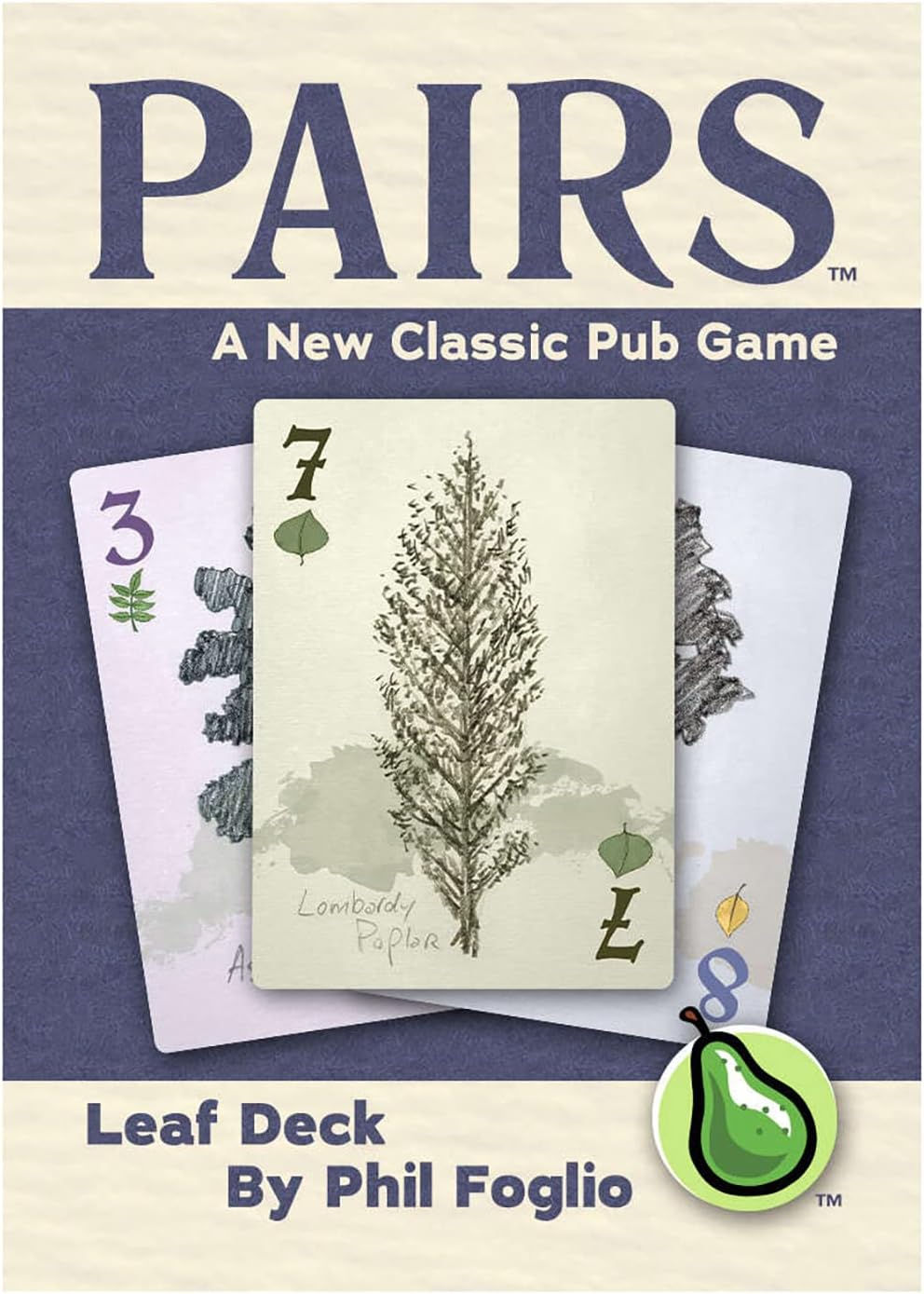Cover for "Pairs: Leaf Deck" card game. Three fanned cards show leaf designs, numbers 7 and 3