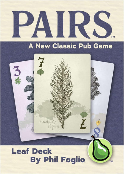 Cover for "Pairs: Leaf Deck" card game. Three fanned cards show leaf designs, numbers 7 and 3