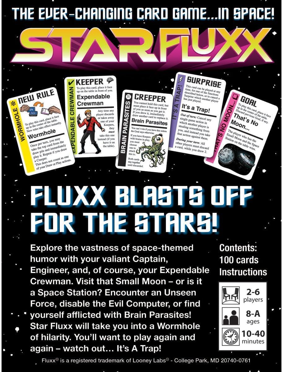 Star Fluxx card game ad showing its title and various game cards like 'Wormhole' and 'Brain Parasites'.