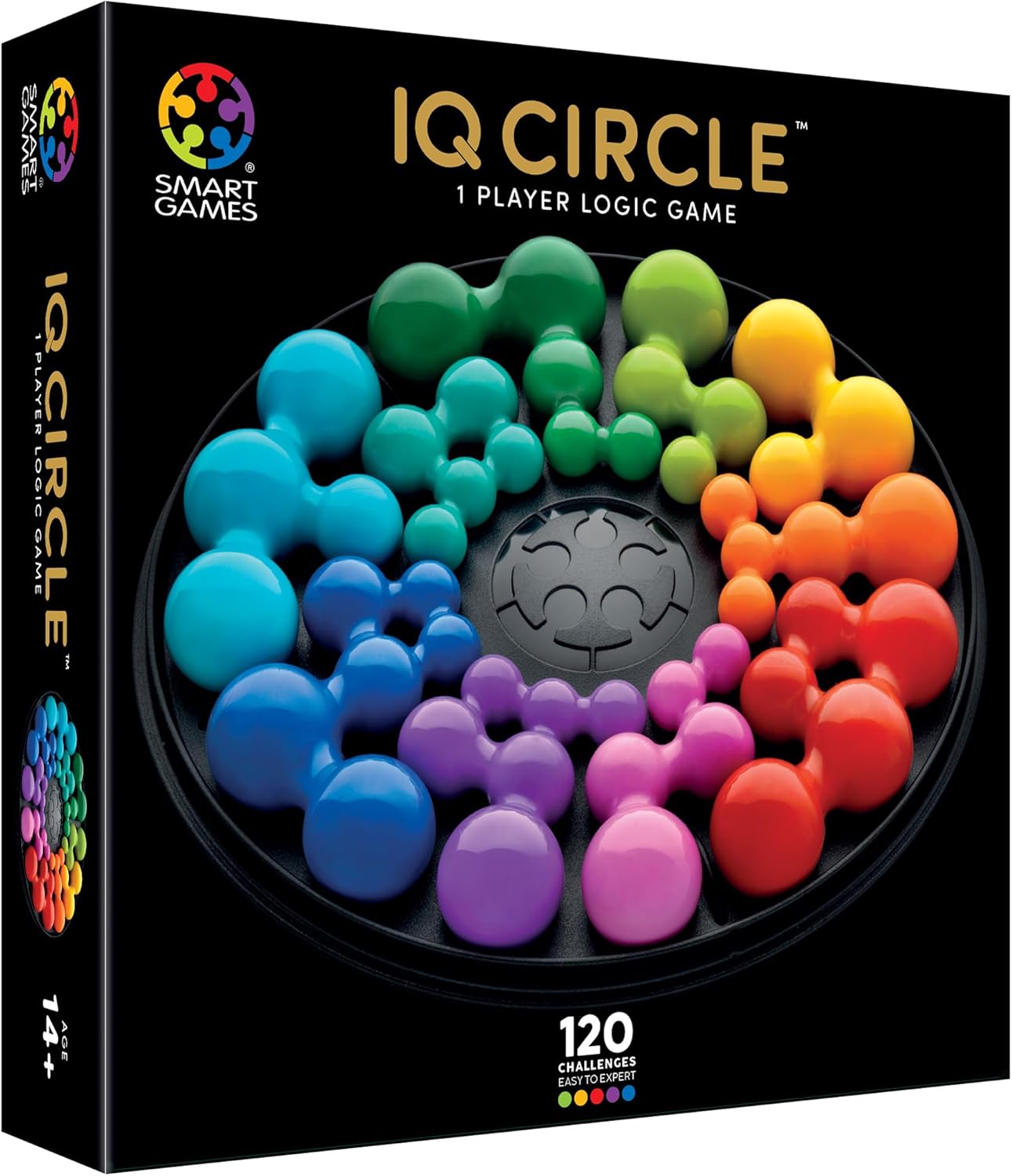 IQ Deluxe Circle logic game box showing the circular board filled with brightly colored, connected spherical puzzle pieces