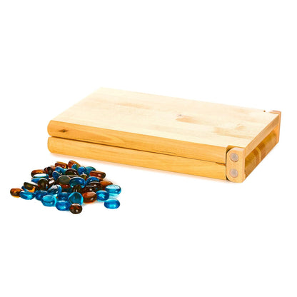 Wooden foldable game board and blue/amber glass pieces