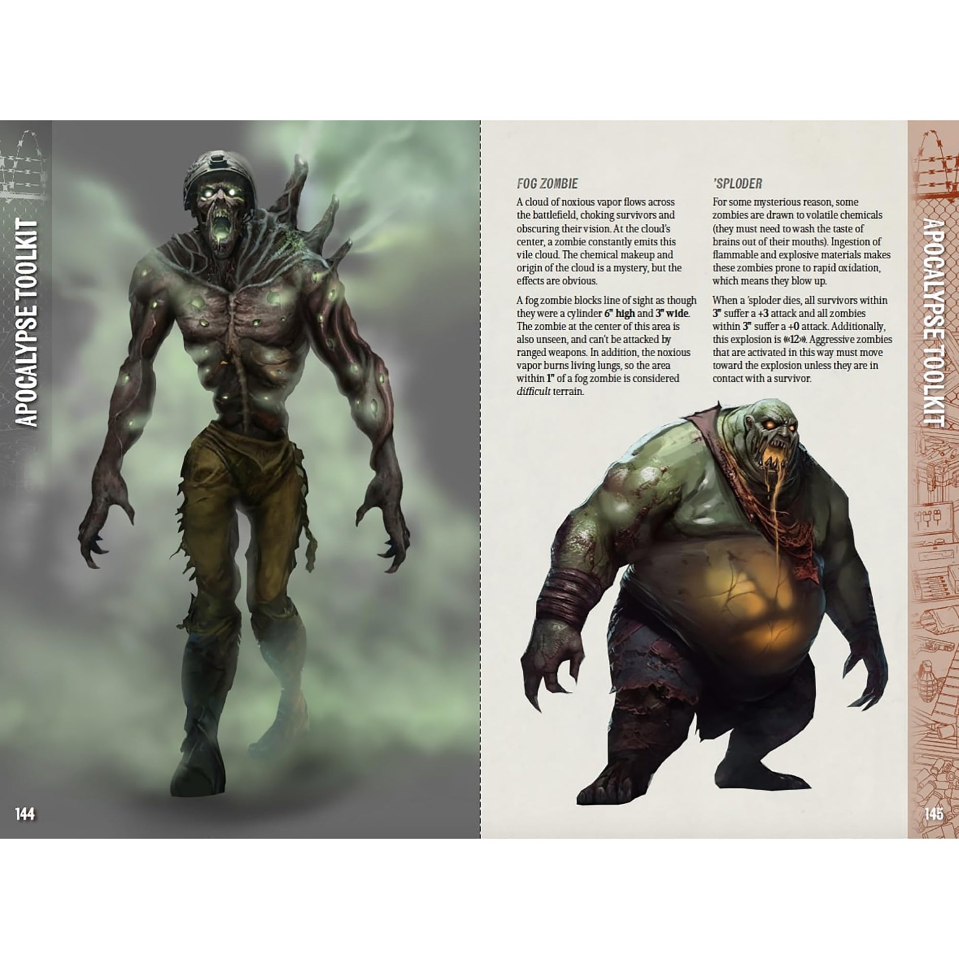 Page from Apocalypse Toolkit: A slender Fog Zombie in green mist, and a corpulent, drooling 'Sploder' zombie.
