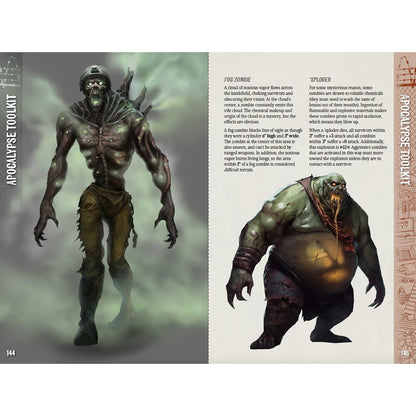 Page from Apocalypse Toolkit: A slender Fog Zombie in green mist, and a corpulent, drooling 'Sploder' zombie.
