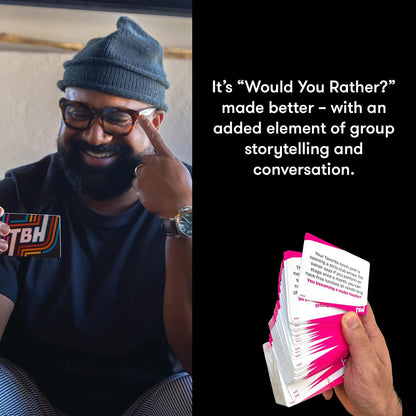 A man smiles while holding a card; a hand holds a stack of pink TBH game cards