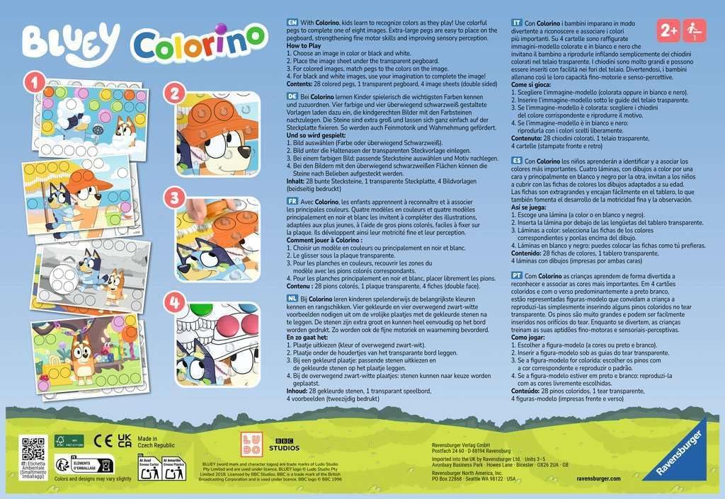 Bluey Colorino game package showing the pegboard activity of matching colored pegs to character templates