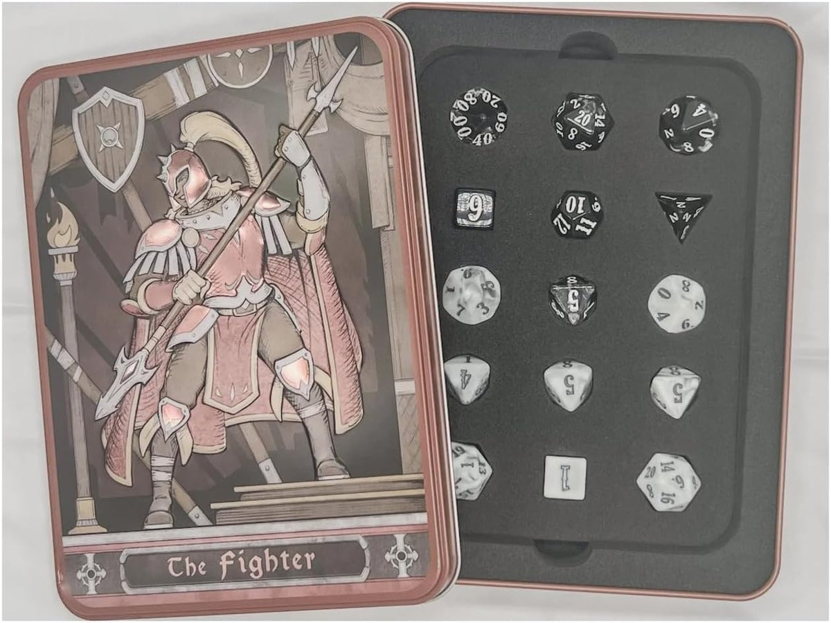An open metal tin with &quot;The Fighter&quot; warrior illustration on its lid, revealing polyhedral RPG dice inside.
