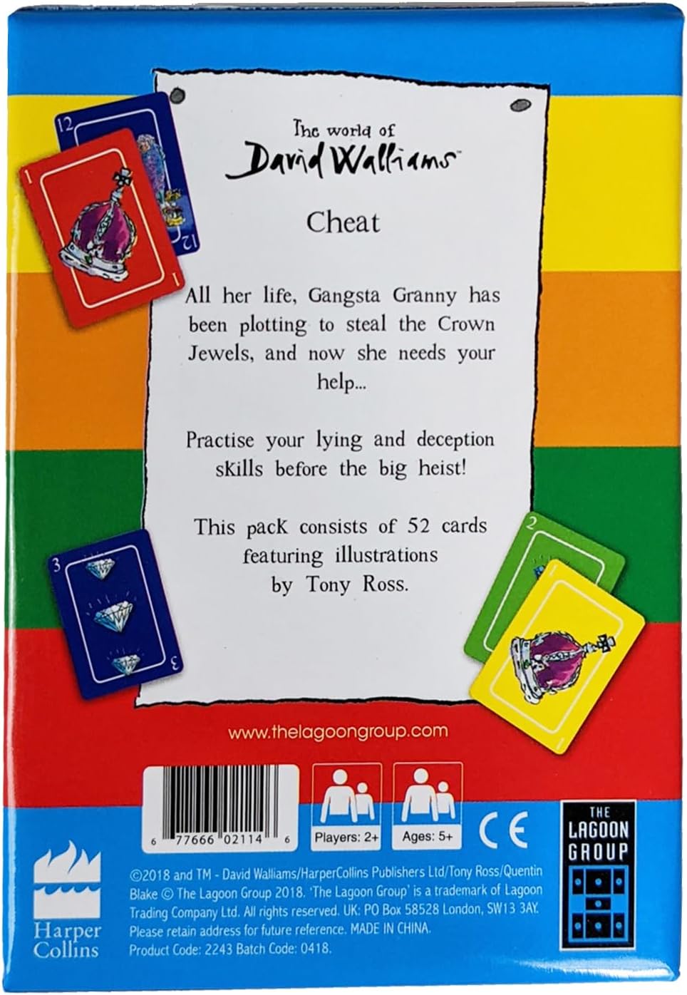 Back of David Walliams' "Cheat" card game box, featuring plot summary about Gangsta Granny and illustrated jewel cards