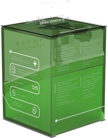 Green Ultimate Guard deck box packaging with transparent lid, detailing multilingual features for 100 double-sleeved trading cards