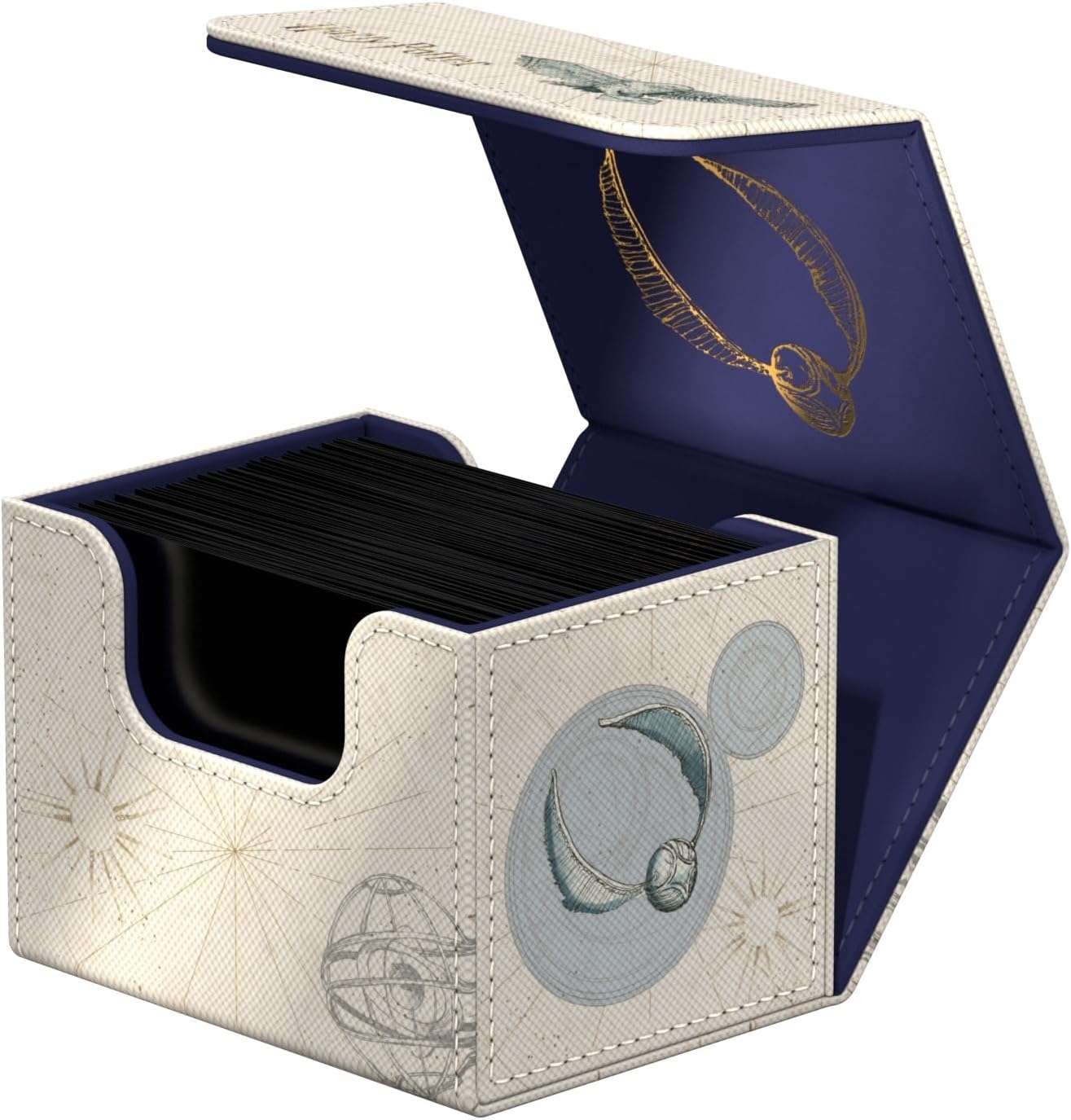 Open trading card deck box decorated with Golden Snitch art, filled with black cards