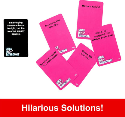 Several pink and black "Girls In Bar Bathrooms" game cards showing examples of hilarious answers