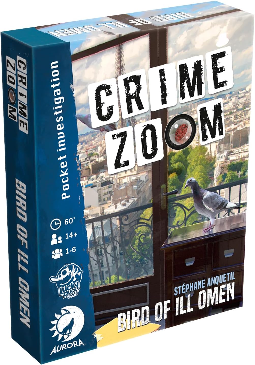 Crime Zoom: Bird of Ill Omen game box. A pigeon on a balcony overlooks a city skyline. The &#39;O&#39; in Zoom is a fingerprint
