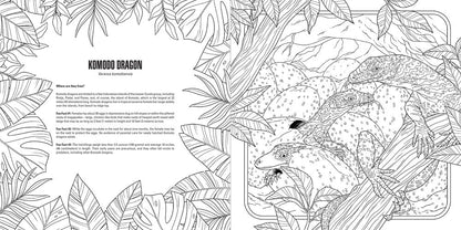Black and white line art shows three Komodo dragons with tongues out -  amidst tropical plants and rocks