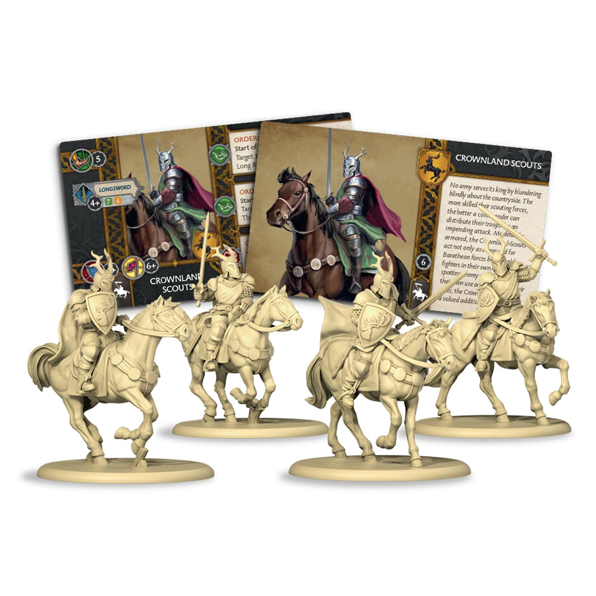 Four unpainted Crownland Scouts miniatures: armored knights on horseback with swords and shields, against game cards