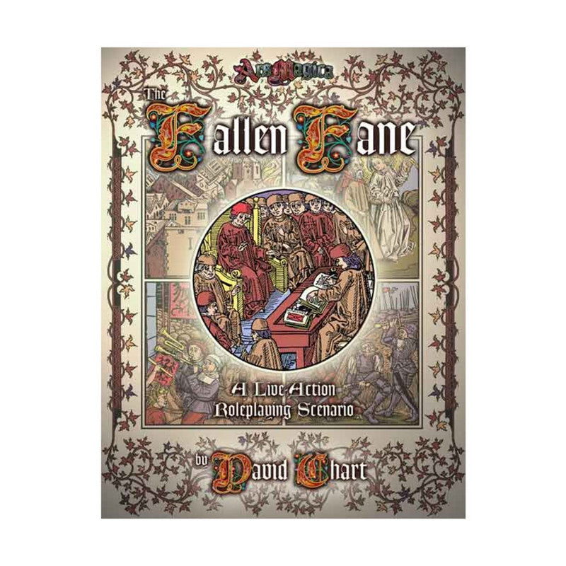 Ars Magica Fourth Edition - The Fallen Fane RPG book cover by David Chart. Ornate medieval art: a circle of people meeting, with cityscapes and warriors