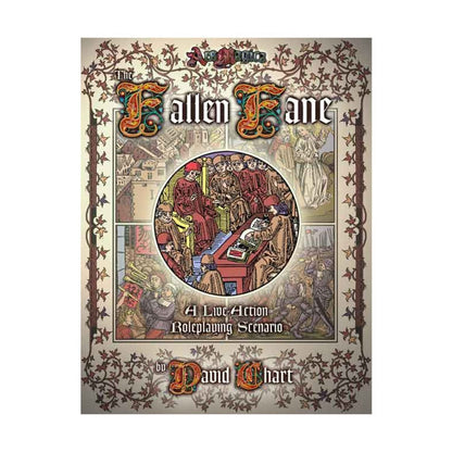 Ars Magica Fourth Edition - The Fallen Fane RPG book cover by David Chart. Ornate medieval art: a circle of people meeting, with cityscapes and warriors
