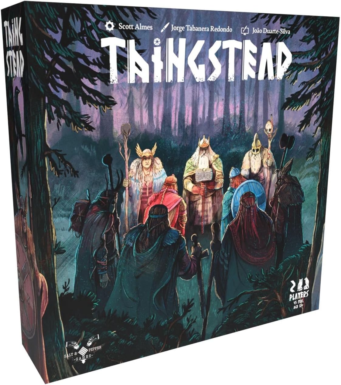 Box cover for Thingstead board game. Illustrated Viking council meeting in a dark forest