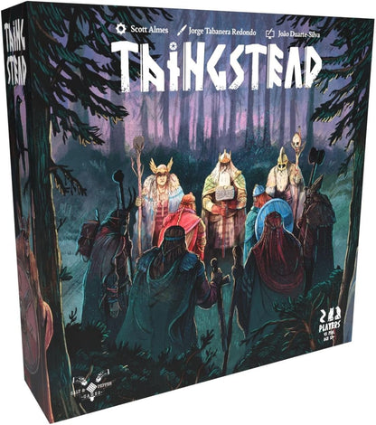 Box cover for Thingstead board game. Illustrated Viking council meeting in a dark forest